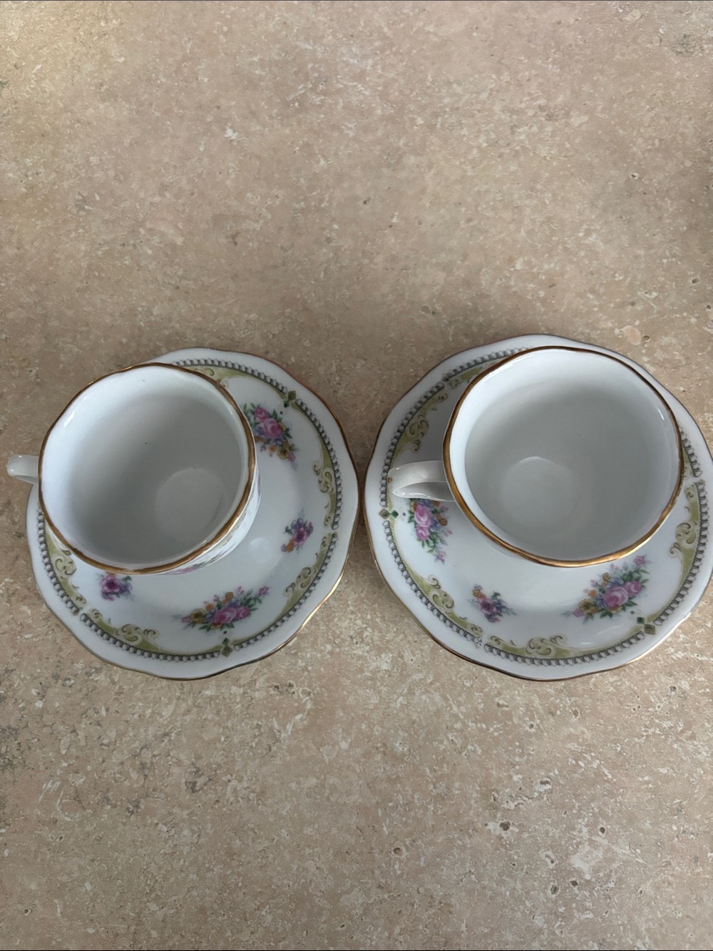 Vintage Floral Demitasse Cups & Saucers with Gold Trim
